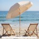 6 feet white patio umbrella with fringe, wood pole, and push button tilt, perfect for beachside relaxation.