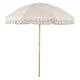 6 feet white patio umbrella with fringe, wood pole, and push button tilt for adjustable shade and coastal charm.