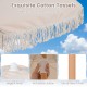 Close-up of the exquisite cotton tassels and sturdy beech pole on a 6 feet white patio umbrella with fringe.