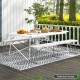 White 6-foot plastic folding bench with carrying handle, suitable for outdoor dining and camping, accommodating three.