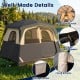 Close-up of the 6-person camping tent featuring 2-way smooth zippers, fixing buckles, and a storage pocket for organization.