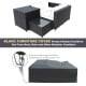 Outdoor wicker furniture set with beige cushions and a propane fire pit table, featuring waterproof covers for.