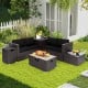 Outdoor wicker furniture set featuring a 32-inch propane fire pit table in black, perfect for backyard gatherings.