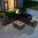 6-piece outdoor wicker furniture set featuring a black 32-inch propane fire pit table, perfect for cozy gatherings.