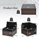 Detailed product size chart for the 6 pieces patio rattan furniture set with cushions and glass coffee table.