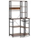 6-tier bakers rack in rustic brown with open shelves, hooks, and power outlets for versatile kitchen storage.