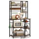 6-tier bakers rack with rustic brown wood shelves, metal frame, and built-in power outlet for kitchen convenience.