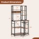 6-tier bakers rack with rustic brown wooden shelves, metal frame, and built-in power outlets for kitchen convenience.