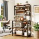 6-tier bakers rack with rustic brown wood shelves, built-in power outlets, and S-hooks for kitchen organization.