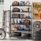 6-tier black metal storage shelving unit with adjustable shelves, ideal for garage organization and tool storage.