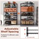 6-tier black metal storage shelving unit with adjustable shelves for garage, kitchen, or basement organization.