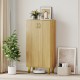 Modern freestanding wooden shoe cabinet in oak with doors, featuring removable shelves for customizable storage.