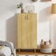 Freestanding wooden shoe cabinet in oak with two doors, removable shelves, and spacious countertop for organized.