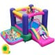 Inflatable 6-in-1 bounce house with slide, ball pit, and basketball hoop for outdoor fun and entertainment.