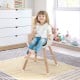 Convertible wooden highchair in light brown with adjustable legs, safety harness, and cozy PU cushion for mealtime.