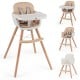 6-in-1 convertible wooden highchair with light brown PU cushion, adjustable legs, and safety harness for secure.