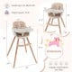 6-in-1 convertible wooden highchair in light brown with adjustable legs, safety harness, and removable PU cushion for.