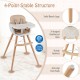 6-in-1 convertible wooden highchair with solid beech legs, safety harness, and adjustable legs for secure mealtime.