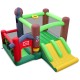 Colorful 6-in-1 inflatable bounce house with double slides, basketball hoop, and ball pit for kids aged 3-10.