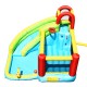 Colorful 6-in-1 inflatable bounce house with climbing wall, water slide, and basketball hoop for backyard fun.