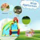6-in-1 inflatable bounce house with climbing wall and basketball hoop, perfect for backyard fun and summer parties.