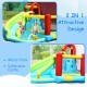 Brightly colored 6-in-1 inflatable bounce house with water slide, climbing wall, and basketball hoop for backyard fun.