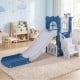 L-shaped toddler slide playground in blue with a slide, basketball hoop, and climbing ladder for safe play and skill.