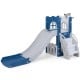 L-shaped toddler slide in blue with stairs, basketball hoop, and telescope for safe outdoor play and skill development.