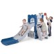 L-shaped toddler slide playground in blue with basketball hoop, climber, and safety features for active play.