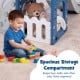 Toddler playing with colorful blocks in front of the 6-in-1 playground with spacious storage compartment for toys.