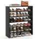 6-tier black shoe rack with spacious shelves and anti-tipping device, ideal for entryways and versatile storage.