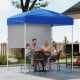 Pop-up canopy tent with blue oxford cloth and half sidewall, ideal for outdoor gatherings, camping, and picnics.