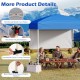 Pop-up canopy tent with blue oxford cloth, reinforced truss plates, and half sidewall for outdoor events and shade.