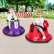 Kids riding red and purple 12V bumper cars with lights and music, designed for safe and exciting play.