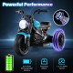 Blue 6V kids electric motorcycle with LED headlight, powerful motor, and music features for toddlers aged 3-5.