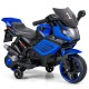 Kids motorcycle in navy blue with headlights, music, and detachable training wheels for safe outdoor fun.