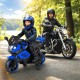 Kids motorcycle in navy with headlights, music, and detachable training wheels, perfect for outdoor fun and safety.