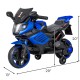 Navy 6V kids motorcycle with headlights, music, and detachable training wheels, designed for stable driving fun.