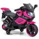 Kids motorcycle in pink with headlights, music, and detachable training wheels for safe outdoor fun.