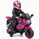 Kids motorcycle in pink with headlights, music, and detachable training wheels for safe and fun riding experience.