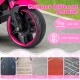Wear-resistant anti-slip wheels of the pink 6V kids motorcycle, suitable for various terrains like asphalt and brick.