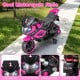 Kids motorcycle in pink with LED headlights, detachable training wheels, and a comfortable seat for safe riding fun.
