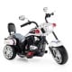 Chopper style 6V powered toddler 3-wheel motorbike ride-on toy in black and white with headlight and horn for kids.