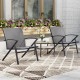Set of 2 grey patio chairs with heavy-duty metal frame, featuring contoured backrests and curved armrests for comfort.