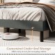 Queen size upholstered bed frame in dark gray with 6 inches of under-bed storage for easy cleaning access.