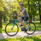 Hybrid bike in blue with 18-speed Shimano drivetrain, phone holder, and lightweight aluminum frame for urban rides.