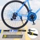 Close-up of the Shimano 18-speed drivetrain on a blue 700C hybrid bike, designed for smooth urban riding and easy.