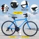 Blue 700C hybrid bike featuring an adjustable saddle, Shimano 18-speed drivetrain, and non-slip pedals for urban rides.