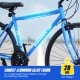 Blue 700C hybrid bike featuring a robust aluminum alloy frame, 18-speed Shimano drivetrain, and phone holder for urban.