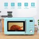 Retro green 700W countertop microwave oven with 5 power levels and easy-to-operate control panel for small spaces.